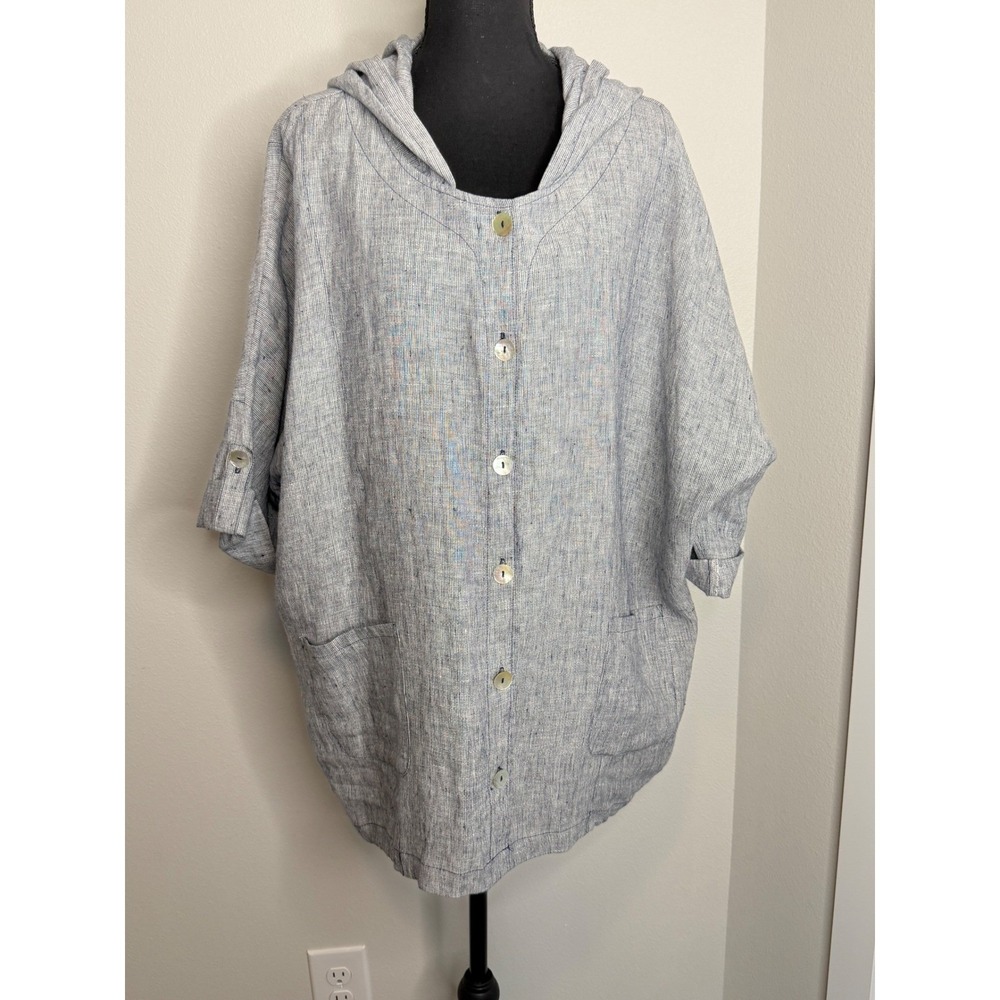 Foil Women's Blue White 100% Linen Hooded Button Front Tunic Jacket Size 14